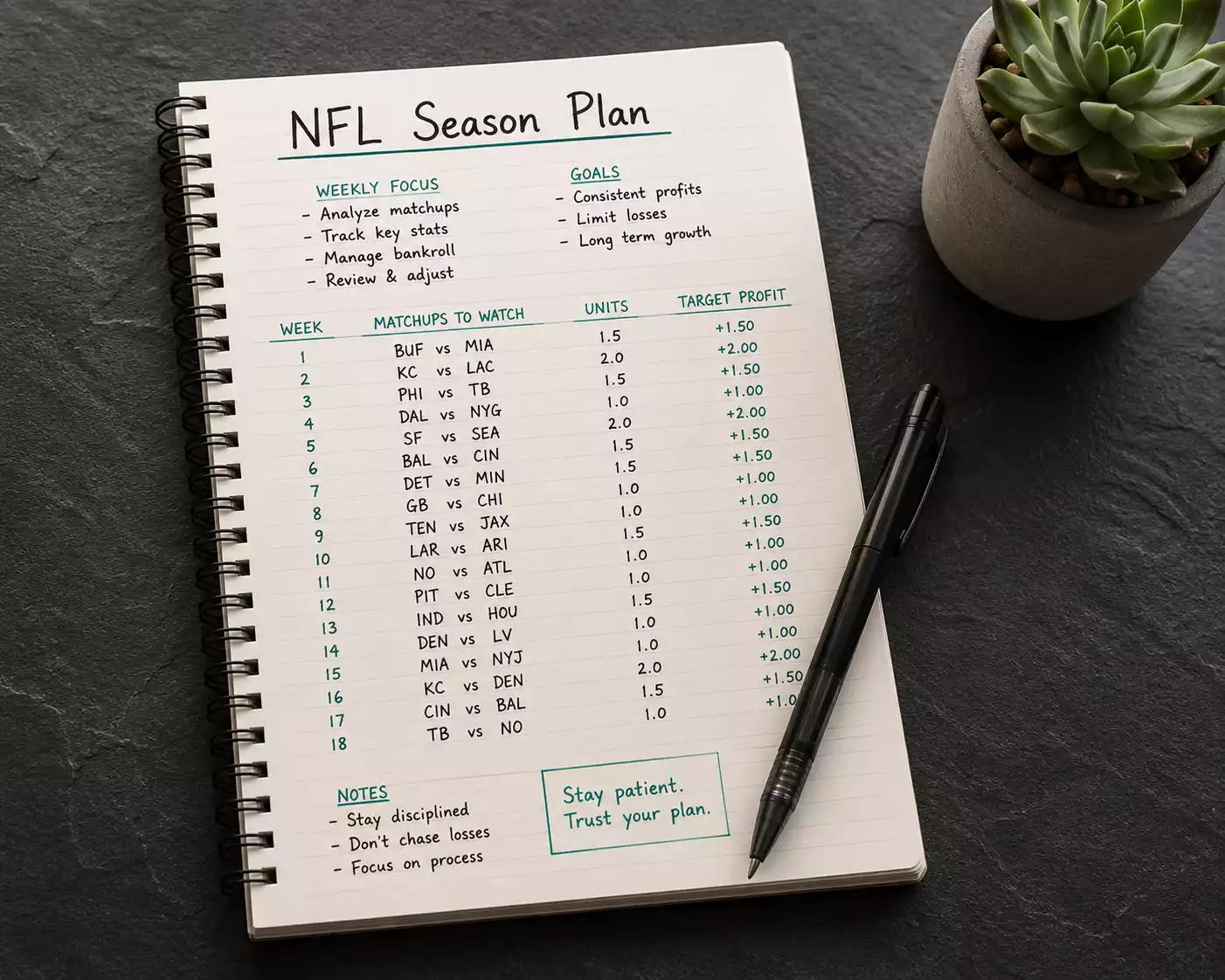 Notepad with a handwritten NFL season betting budget plan alongside a pen on a desk