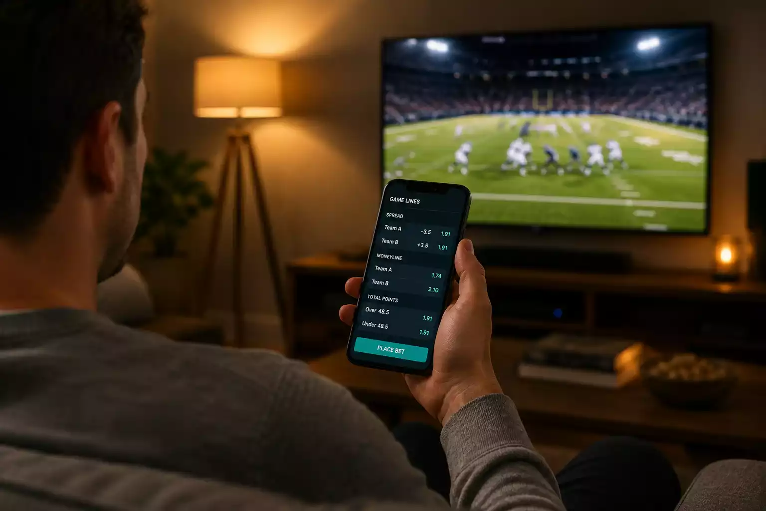 Person holding a smartphone with a sports betting app open while watching an NFL game on television in a UK living room